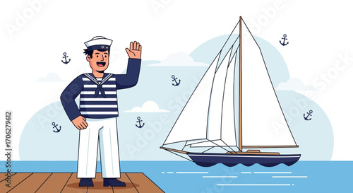 Sailor Waving Farewell near His Sailing Boat in the Ocean on a Bright Sunny Day