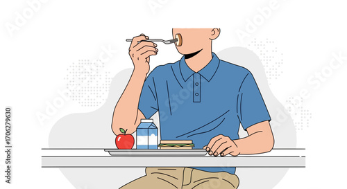 School Cafeteria Lunchtime Illustration Depicting a Person Enjoying Food in Minimalist Style