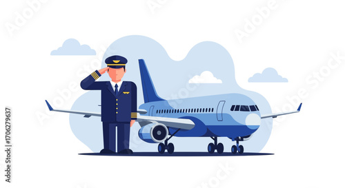 Pilot Saluting Near Airliner, Aviation Theme, Flat Style Illustration, Ready for Flight