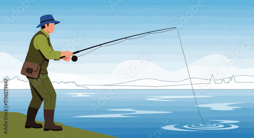 Scenic Outdoor Illustration Featuring Fisherman Casting Rod with Serene Water and Sky Elements