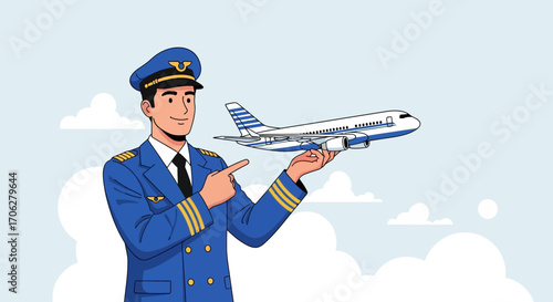 Pilot Shows Plane: Aviation Theme Illustration Presenting Flight, Travel, and Professionalism