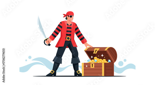 Pirate Protecting Treasure Chest and Valuables with a Sword and a Determined Stance