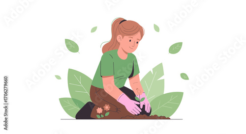 Planting And Nurturing: A Young Woman Cultivating New Life In Soil Beneath Foliage