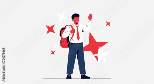 Schoolboy With Backpack Waving Amidst Star Embellishments, Welcome Graphic