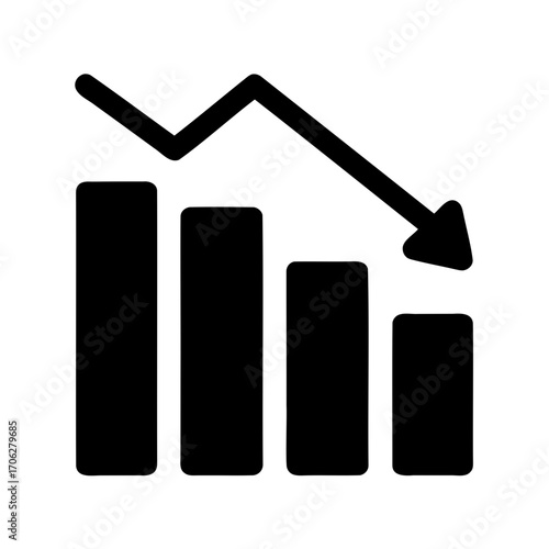 A decreasing bar graph representing a decline in metrics, numbers, or value