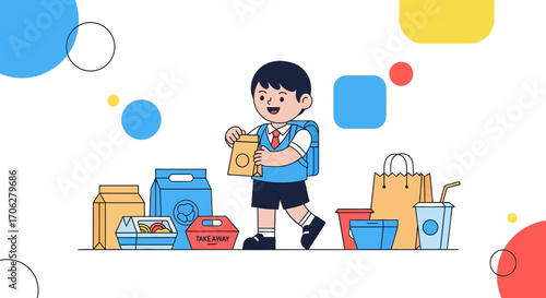 Schoolboy With Takeaway, Representing Food Delivery and Education Combined