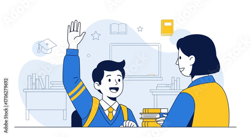 Schoolchild Raises Hand Enthusiastically during Lessons near Teacher in Colorful Classroom