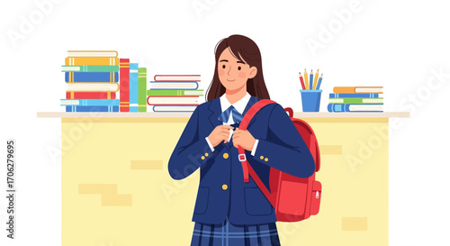 Schoolgirl Preparing For Class With Backpack, Books, And Stationary Ready For Study