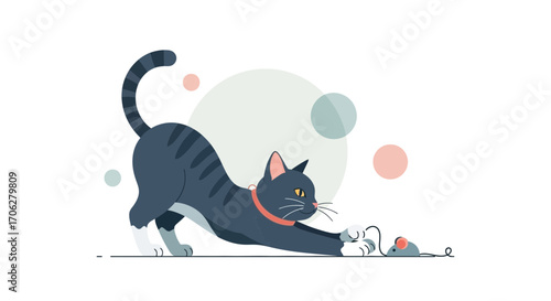 Playful Cat Reaching for Mouse in Vibrant Geometric Illustration Style Design