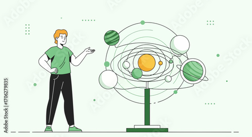 Scientific Exploration: Man Presenting a Model of the Solar System, Illustration
