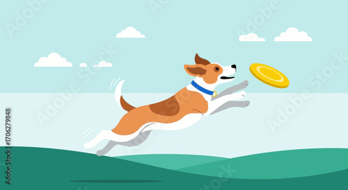 Playful Canine Chasing Flying Disc in Vibrant Outdoor Scene Capturing Joy and Energy
