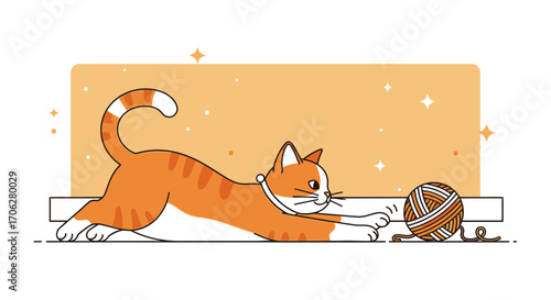 Playful Feline Stretching Towards A Ball Of Yarn: An Engaging, Animated Illustration