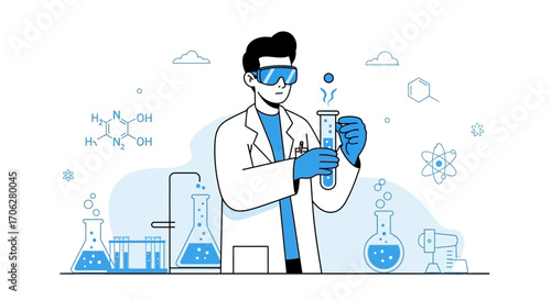 Scientist Conducting Chemical Experiment and Research in a Modern Illustrated Laboratory