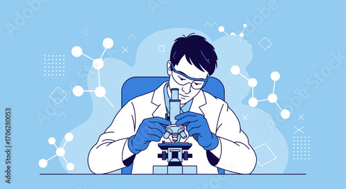 Scientist Analyzing Sample Under Microscope With Molecular Structure Background Illustration