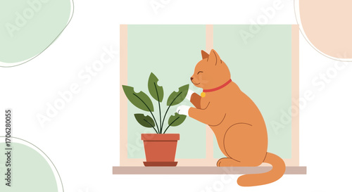 Playful Ginger Cat Investigates Potted Plant with Curiosity and Mischief