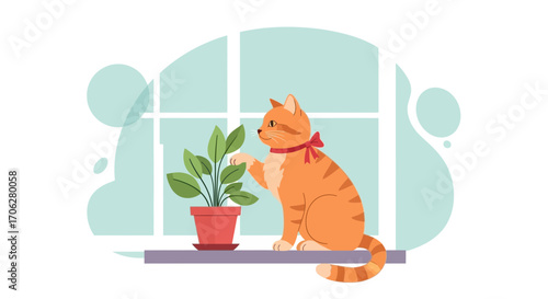 Playful Feline Inspecting Potted Foliage, Illustrative Depiction Inside A Bright Room