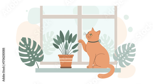 Playful Ginger Cat Examining a Potted Plant on Windowsill in a Domestic Setting