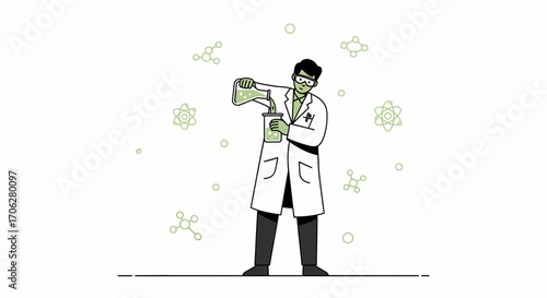 Scientist Conducting Experiment While Mixing Chemicals in Lab with Safety Glasses