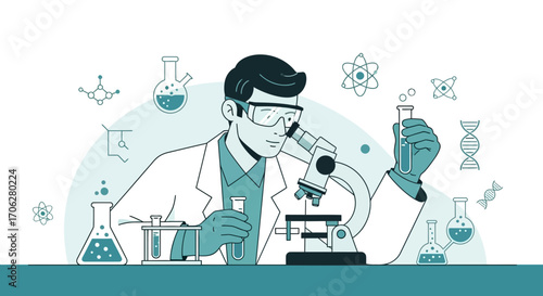 Scientist Conducting Research with Microscope and Test Tubes in a Laboratory Setting
