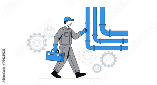 Plumber Inspecting Piping System With Tools Symbolizing Industrial Expertise.