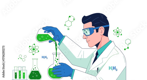 Scientist Conducts Laboratory Experiment With Green Chemicals and Molecular Structures