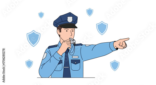 Policeman Blowing a Whistle And Directing With Gesture, Security And Law Enforcement