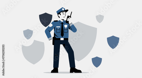 Police Officer Communicating With Radio Signal, Shielded By Protective Measures