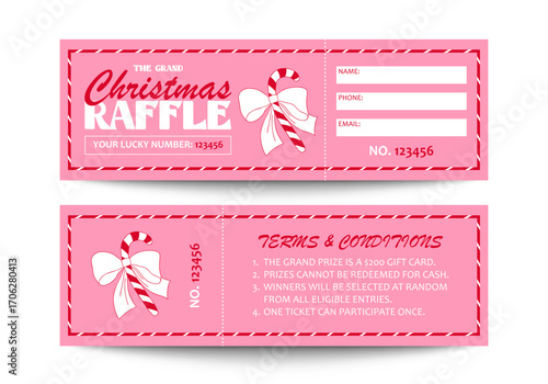 Christmas raffle ticket with candy cane. Pink raffle ticket template. Vector lottery ticket in cute cartoon style. Lottery ticket isolated on white background.