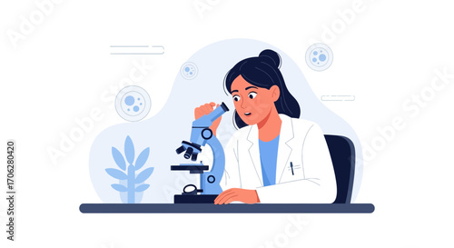 Scientist Examining Samples Through a Microscope Depicting Medical Research Illustration
