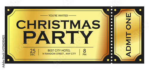 Christmas party ticket. Christmas party invitation template. Vector golden ticket. 