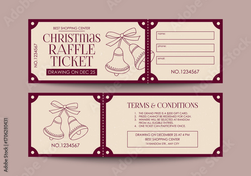 Christmas raffle ticket. Raffle ticket template. Vector lottery ticket in vintage style.