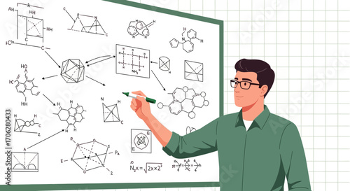 Scientist Explaining Complex Chemical Structures Using A Whiteboard And Diagrams