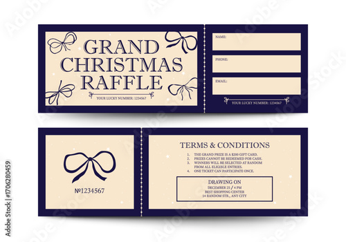 Christmas raffle ticket with whimsical bows. Navy blue and beige raffle ticket template. Vector lottery ticket in vintage style. Lottery ticket isolated on white background.