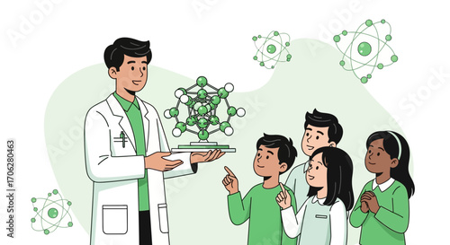 Scientist Explaining Molecular Structures to Curious School Children in a Classroom Settings