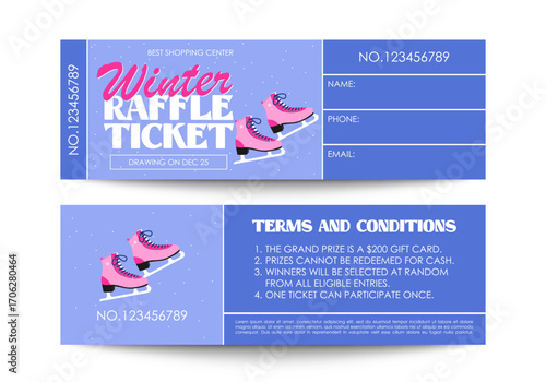 Winter raffle ticket design. Lottery ticket template with ice skates. Vector raffle ticket template isolated on white background.