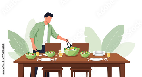 Preparing Fresh Meals: A Detailed Visualization of a Dining Table Setup and Healthy Eating