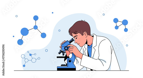 Scientist Focusing Intently Into Microscope, Conducting Biochemical Analysis Experiment