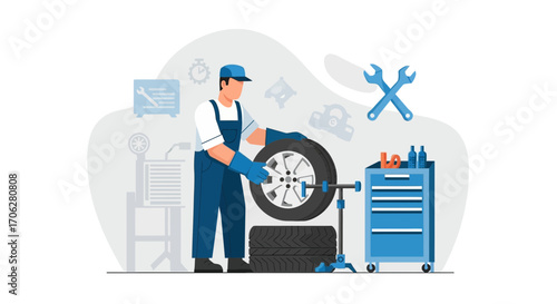 Professional Auto Mechanic Performing Wheel Alignment and Tire Maintenance in Modern Workshop