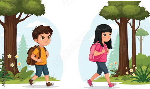 Angry boy, happy girl, walking in forest, backpacks on, kids hiking, school trip, children outdoors, nature scene, cartoon illustration