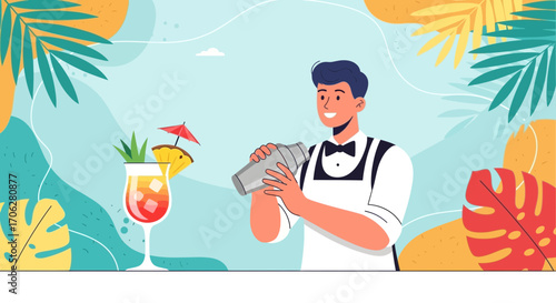 Professional Bartender Preparing Tropical Cocktail at Summer Event, Delicious Beverage on Display