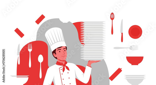 Professional Chef Presenting a Stack of Plates Surrounded by Culinary Elements