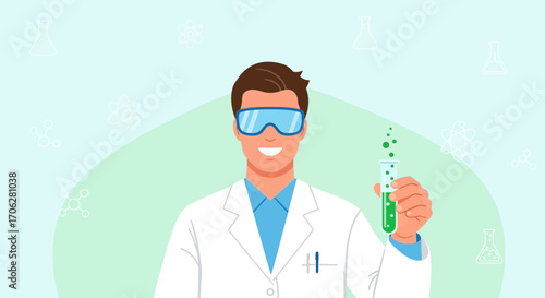 Scientist With Green Liquid In Test Tube, Flat Design For Science And Research