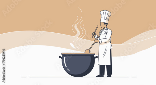 Professional Chef Stirring A Dish In A Big Pot And Cooking Process In Progress