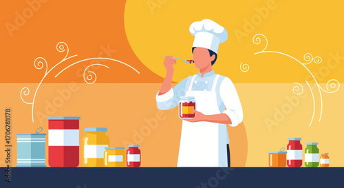 Professional Chef Tasting Homemade Preserves in Modern Kitchen with Various Containers