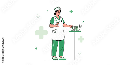 Professional Nurse Preparing Medication and Handling Medical Tools. Healthcare Illustration