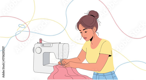 Seamstress Crafting Textiles Using Sewing Machine, Illustrative Minimalist Design