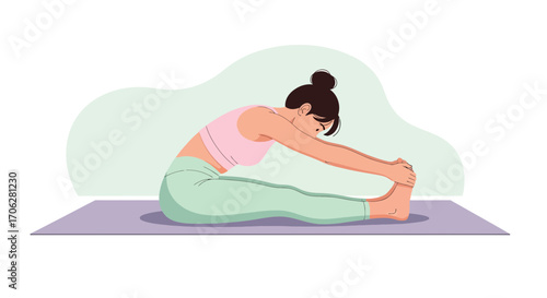 Seated Forward Bend Practiced By A Woman On A Yoga Mat In Colorful Illustrated Style