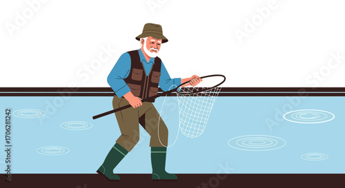 Senior Angler Fishing In The Lake With His Net, A Relaxing Outdoor Hobby