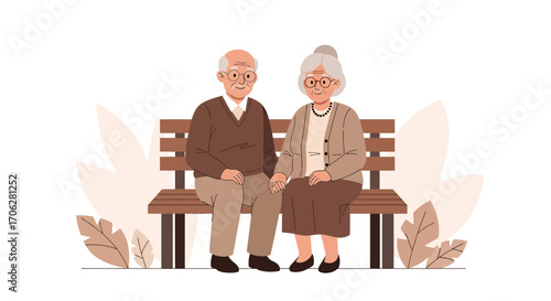 Senior Couple Holding Hands and Enjoying Peaceful Moments on a Bench Illustration