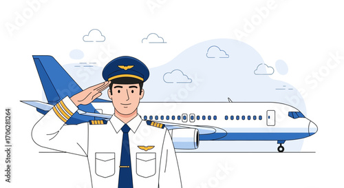 Professional Pilot In Uniform Saluting Near A Airplane, Showing Respect For Flight